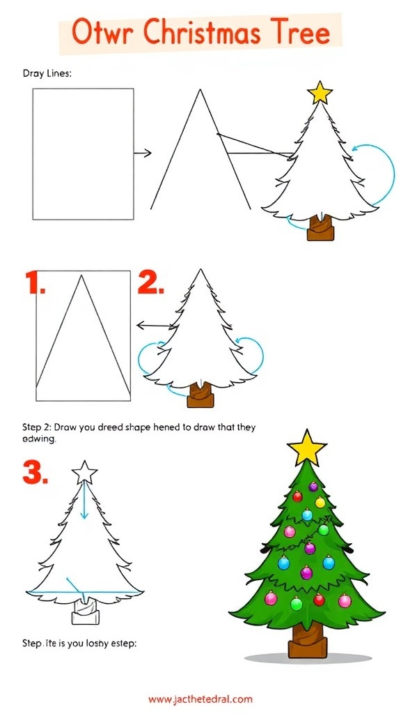 Simple Christmas Tree Drawing Guide Step-by-step drawing of a Christmas tree with ornaments and a star.